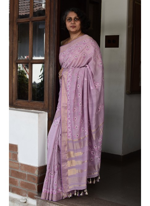 Lavender Purple, Handwoven Organic Cotton, Textured Weave , Hand Embroidery, Occasion Wear, Jari, Chikankari Saree